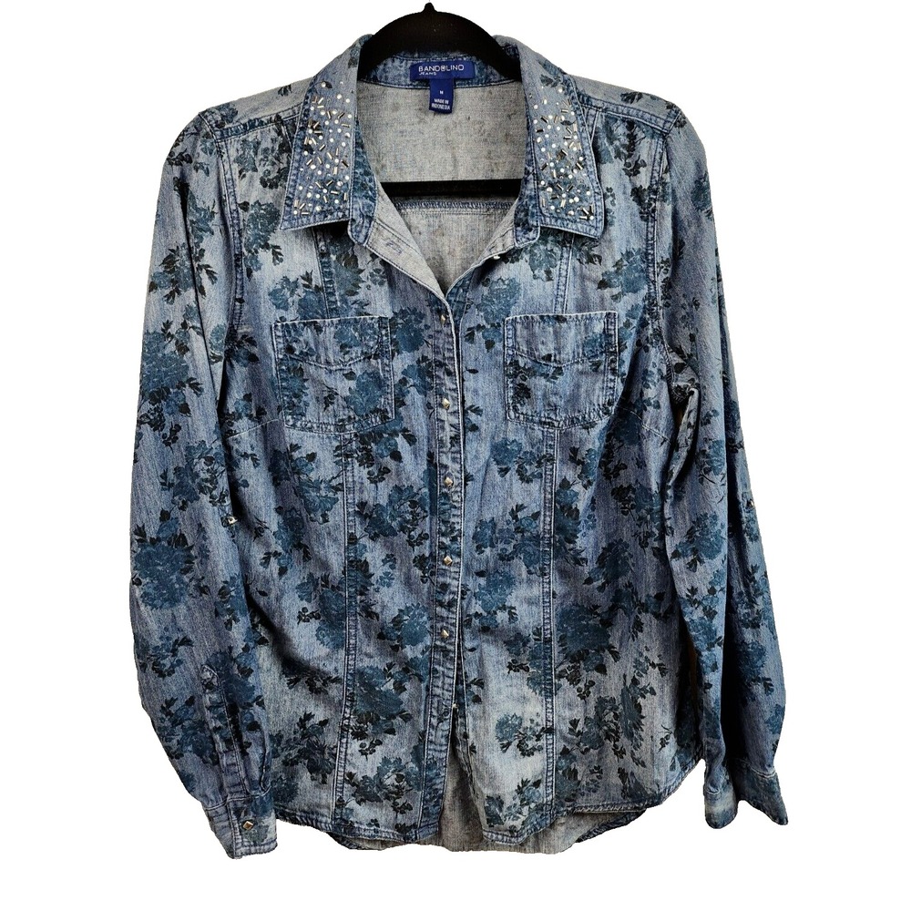 Bandolino Floral Beaded Shirt Womens Medium Blue Chambray Long Sleeve Button Up